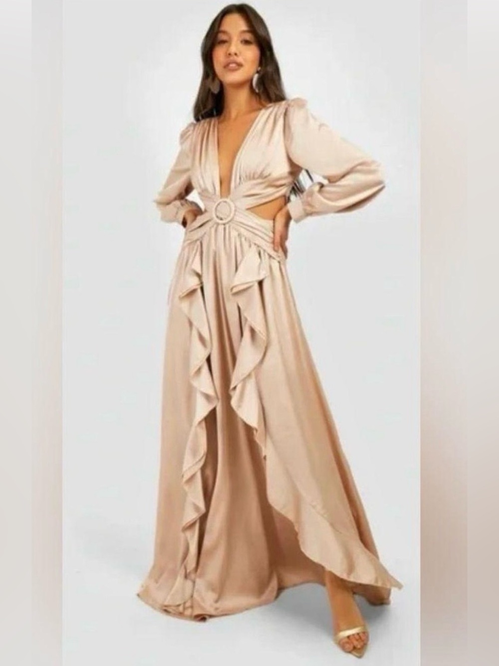 Plunging Ruffle Maxi Dress in Champagne Beige